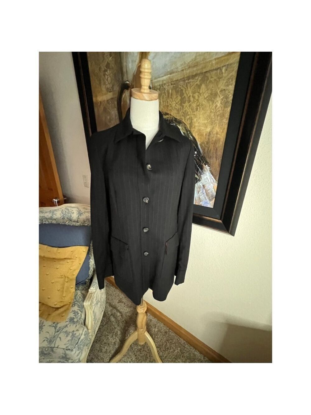 Women's Henri Bendel Black Pinstripe Blazer with Red Lining, Size 10